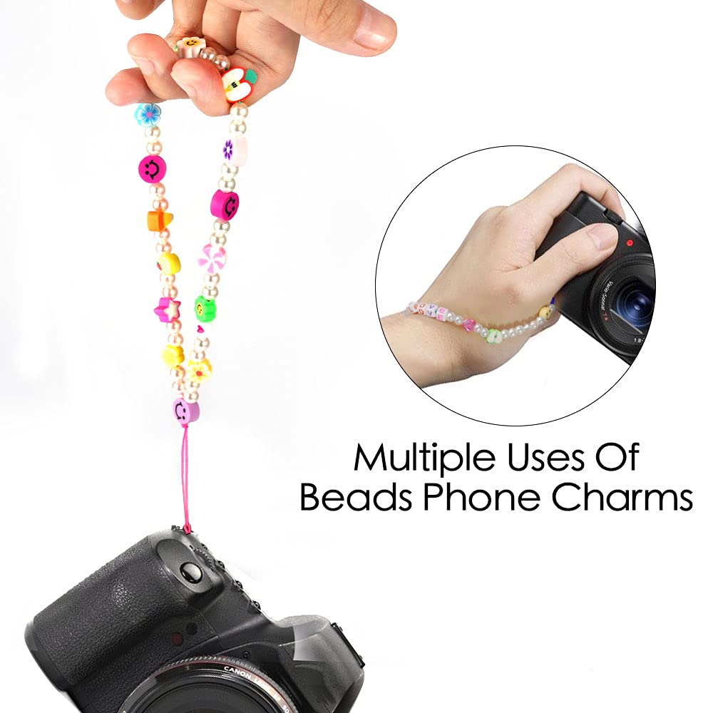 Beaded Phone Charm Strap, 4 Pcs Handmade Phone Chain Phone Bracelet Lanyard Wrist Fruit Star Pearl Rainbow Color Beaded for Women Summer Beach Accessory