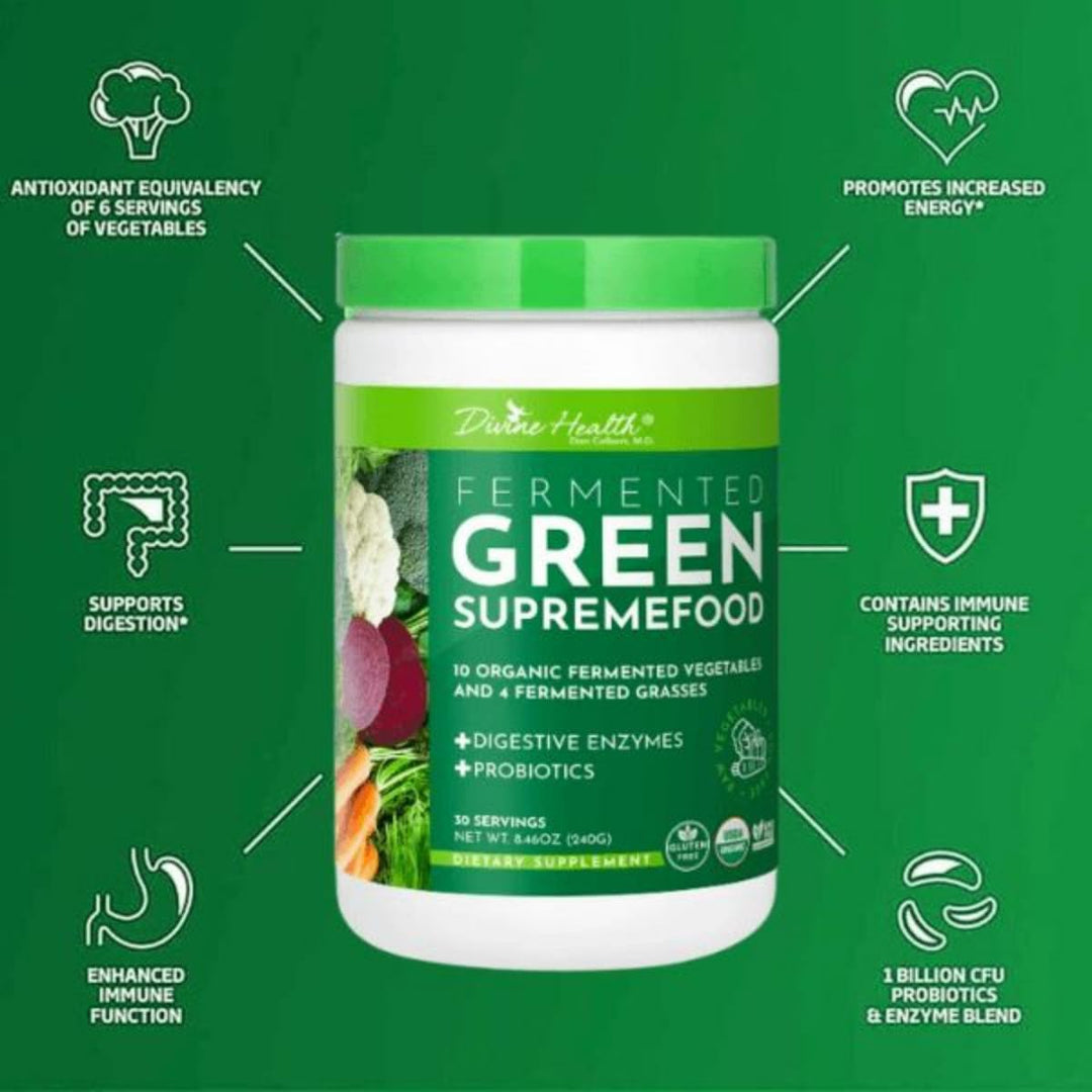 Fermented Green Supremefood | 14 USDA Organic & Fermented Vegetables and Grasses | Probiotics | Enzymes | Apple Cinnamon Flavor | 30 Servings | 240g