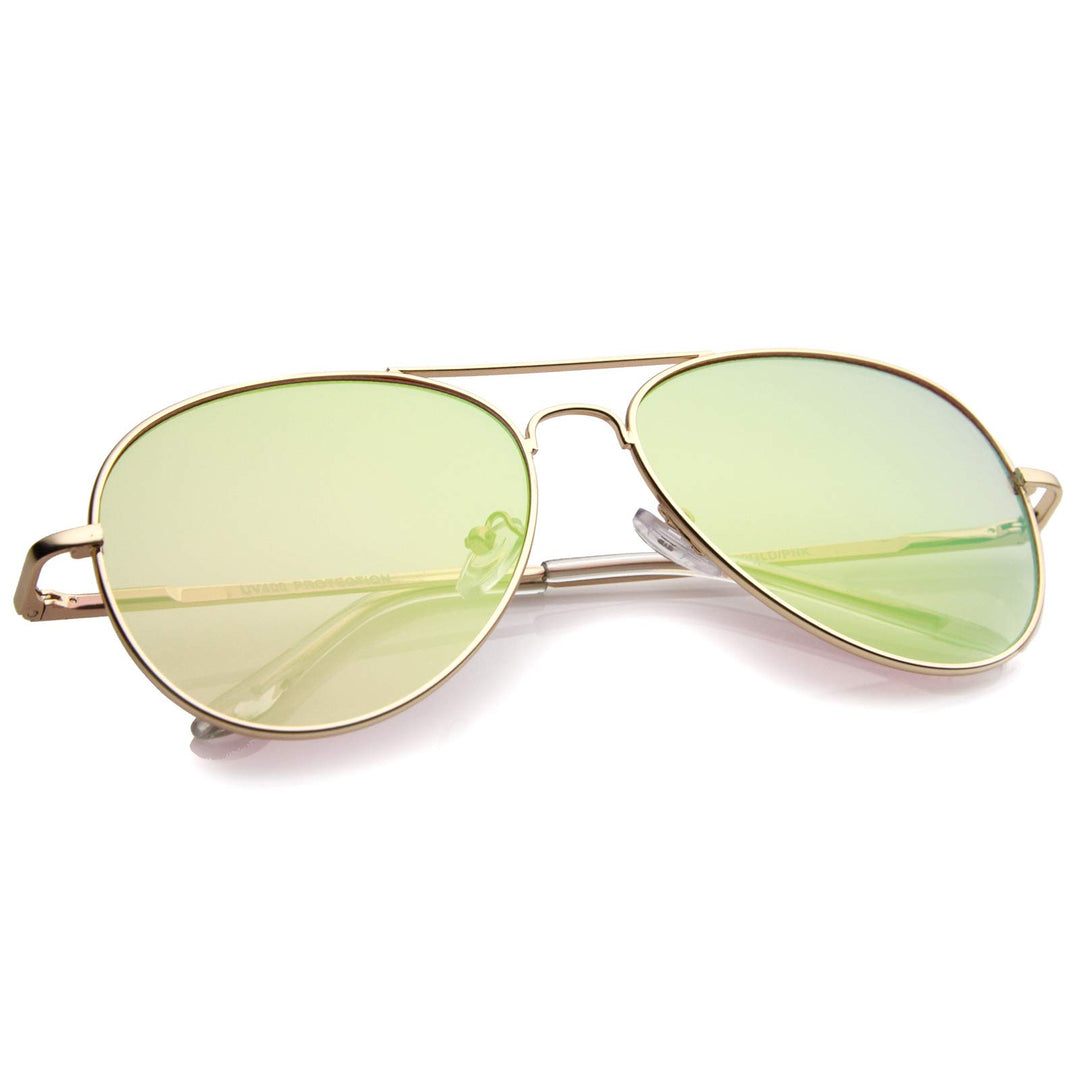 Small Matte Metal Rose Gold Pink Mirror Flat Lens Aviator Sunglasses 56mm (Matte Gold/Pink Mirror)