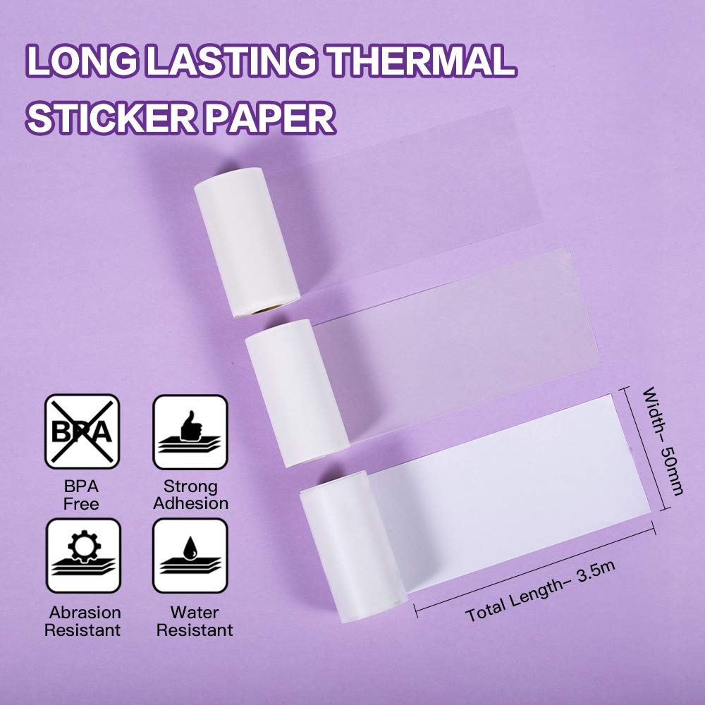Adhesive Thermal Sticker Paper,White/Transparent/Semi-Transparent Thermal Printer,for M02/T02/M02 Pro/M02S/M03/M03AS/M04S Bluetooth Thermal Pocket Printer, 50mm-53mm Width