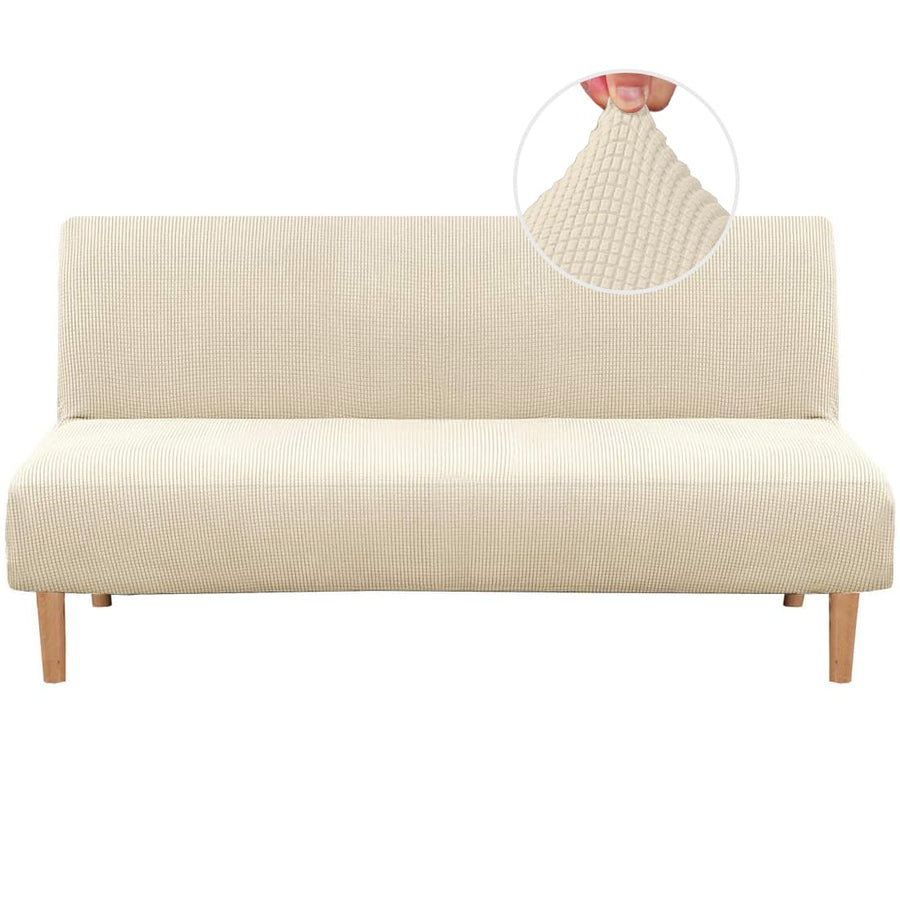 Armless Futon Cover Stretch Sofa Bed Slipcover Protector Elastic Feature Rich Textured High Spandex Small Checks Jacquard Fabric Futon Cover, Machine Washable, Natural