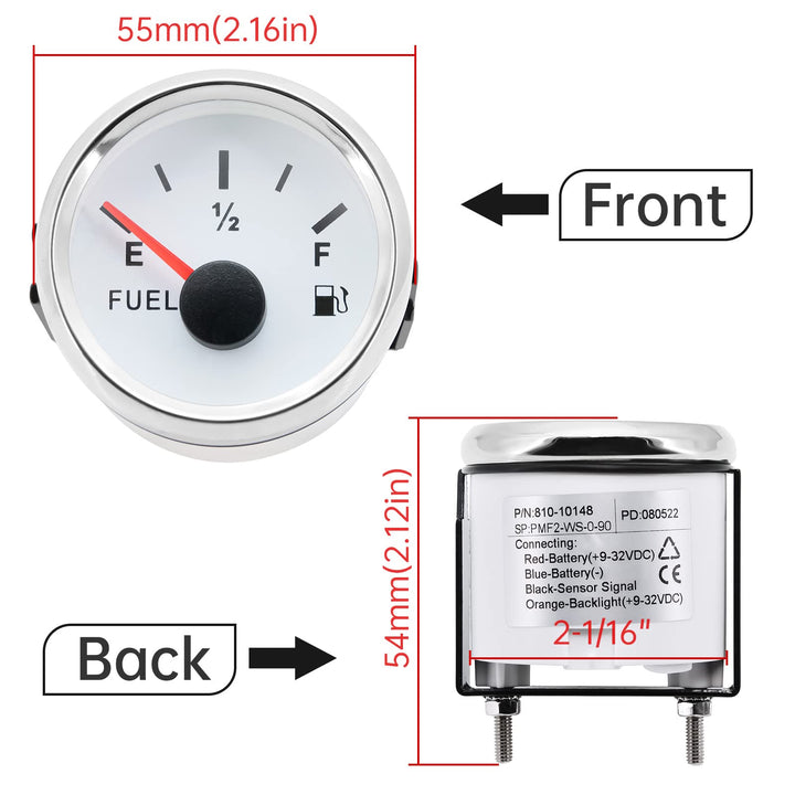 0-90ohm Fuel Gauge Marine Fuel Gauge Boat Fuel Gauge Gas Tank Meter Gauge for AUTO Car Boat Truck Vehicle Diesel RV (White)