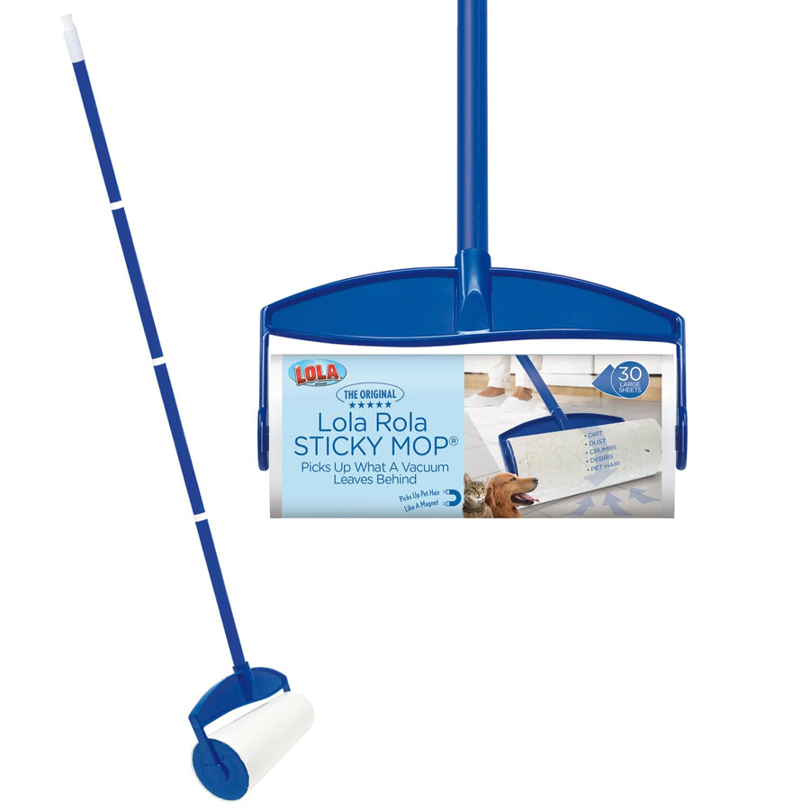 Lola Rola Sticky Mop, Giant Floor Lint Roller, 9 W x 3.5 Dia., Best Pet Hair Remover, Traps Dust, Dirt, Dog and Cat Hair on Carpet, 30 Large Adhesive Sheets - Stickiest on The Market
