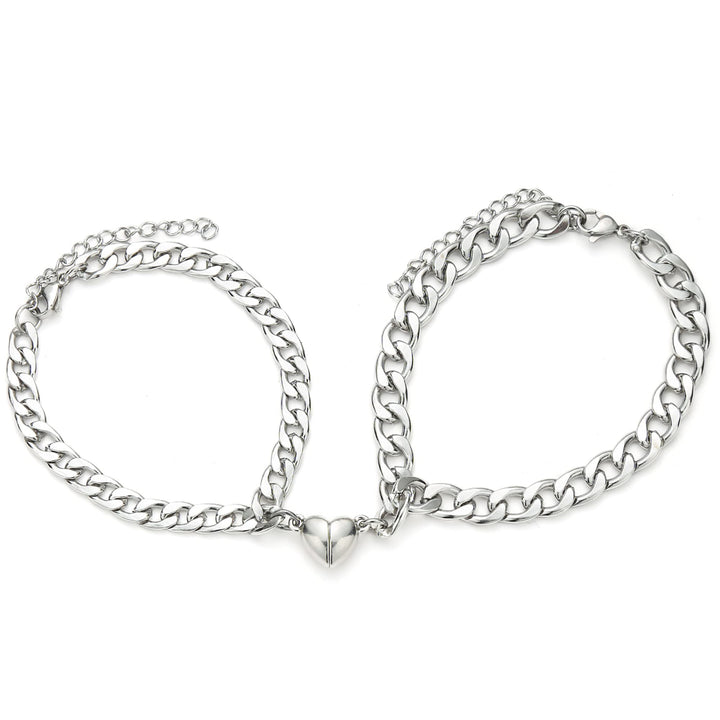 2 Pcs Bracelets for Couples Stainless Steel Cuban Chain Couples Bracelets Matching Bracelets for Couples Peach Heart Bracelet for Boyfriend and Girlfriend