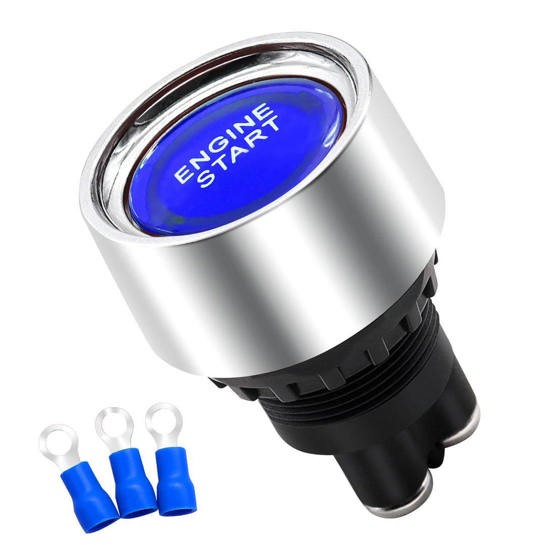Push Start Ignition Switch 12V DC Start Engine Button Stater (ON)-Off Momentary Engine Start Push Button Switch 3Pin SPST 50A Blue LED Light for Racing Car Vehicle Truck Boat RV M-042-BU