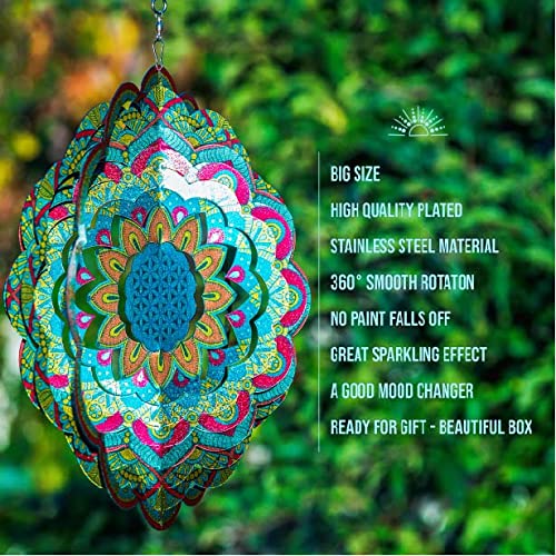 Garden Decor - Mandala Wind Spinner, Hanging Outdoor Metal Art, Kinetic Yard Decorations, 12 inch Stainless Steel Patio Decor, Wall Art (Flower of Life)