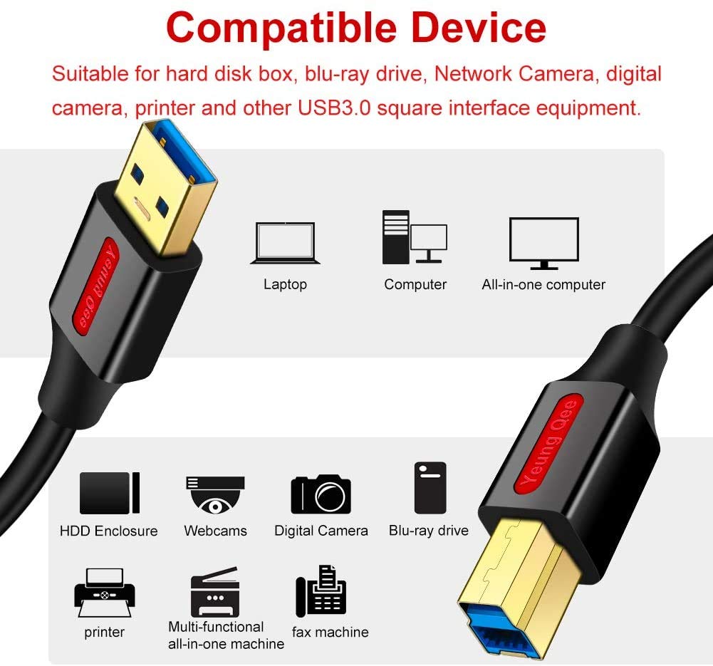 USB 3.0 Cable A Male to B Male 20 ft,Superspeed USB 3.0 Type A to B Male Cable Compatible with Printers,Docking Station,External Hard Drivers,Scanner,USB Hub and More Devices (20FT/6M)