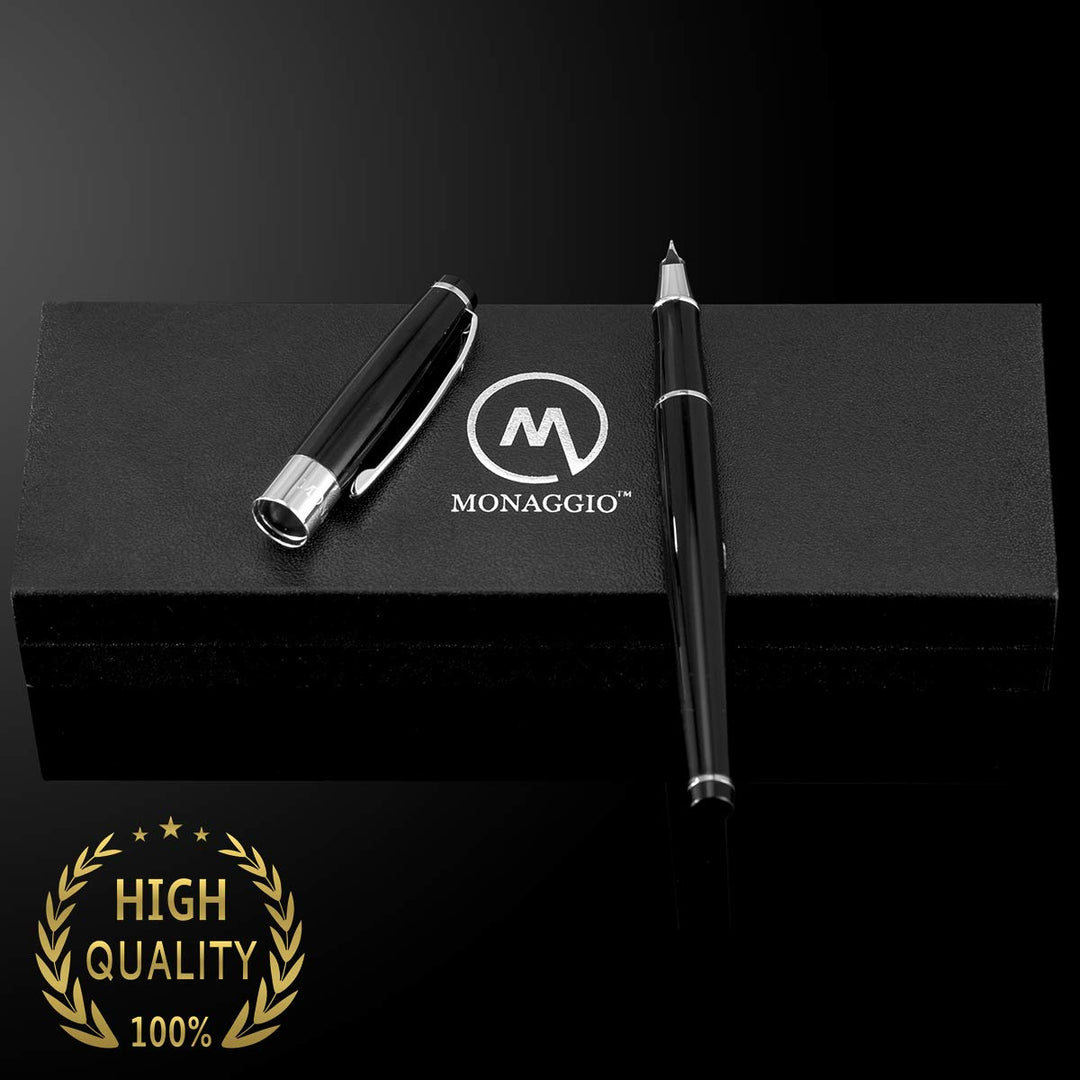 Luxury Black Fountain Pen with Beautiful Case Set, Fine Silver Nib and Refillable Converter. Perfect Calligraphy Pens to Make Your Point. Works Smoothly with International Disposable Ink Cartridges
