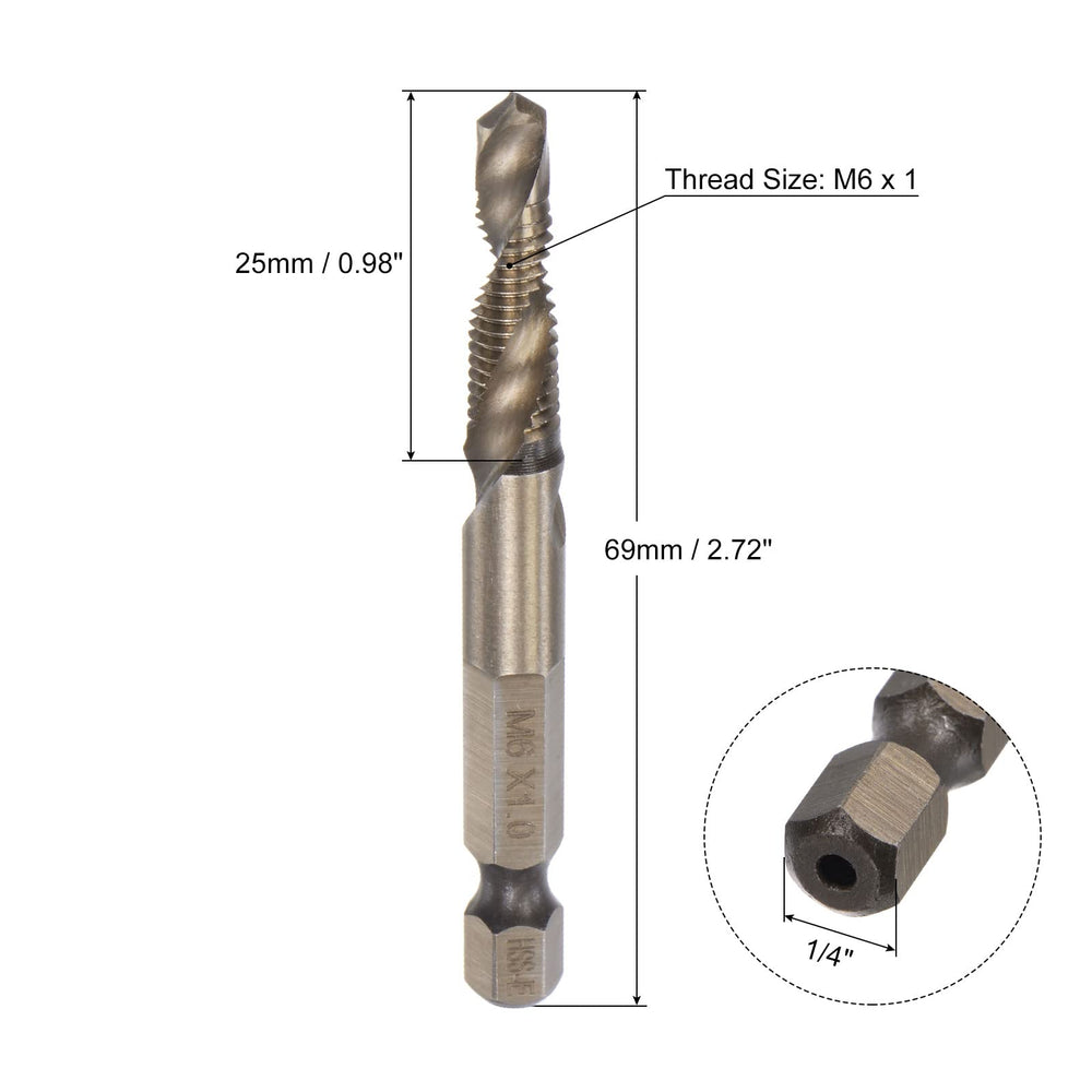 Combination Drill and Tap Bit, 1/4 Hex Shank M6 x 1 Metric Titanium Coated High Speed Steel 6542 Spiral Flute Drilling Tapping Tool