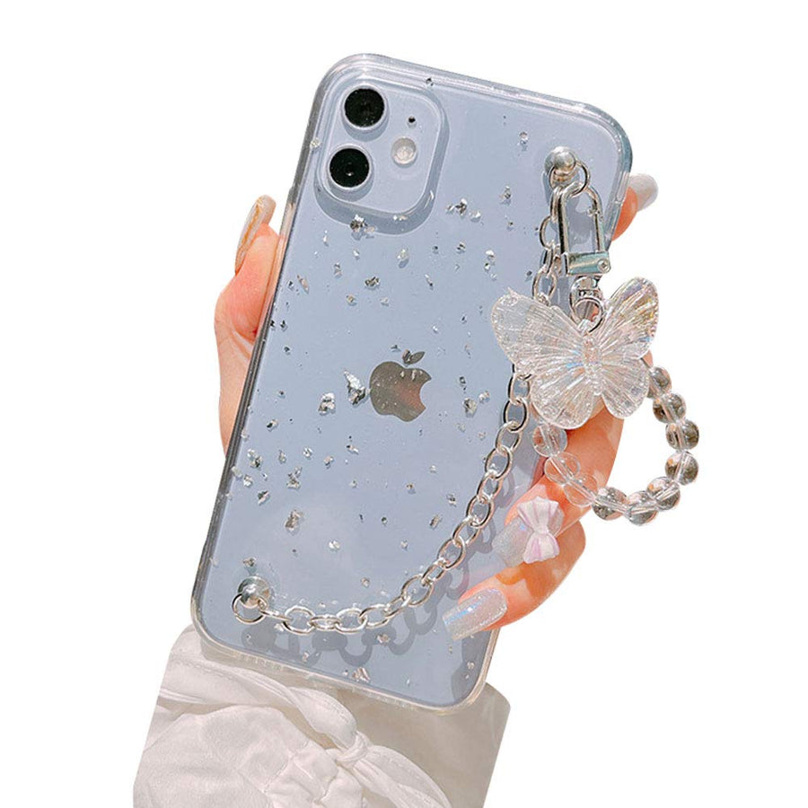 Girl Women Beautiful Gold Foil Goldleaf Transparent TPU Phone Case +Metal Bracelet Chain +Butterfly Lanyard, for iPhone 11, Full Protection (Scratch-Resistant &Shockproof) -Silver