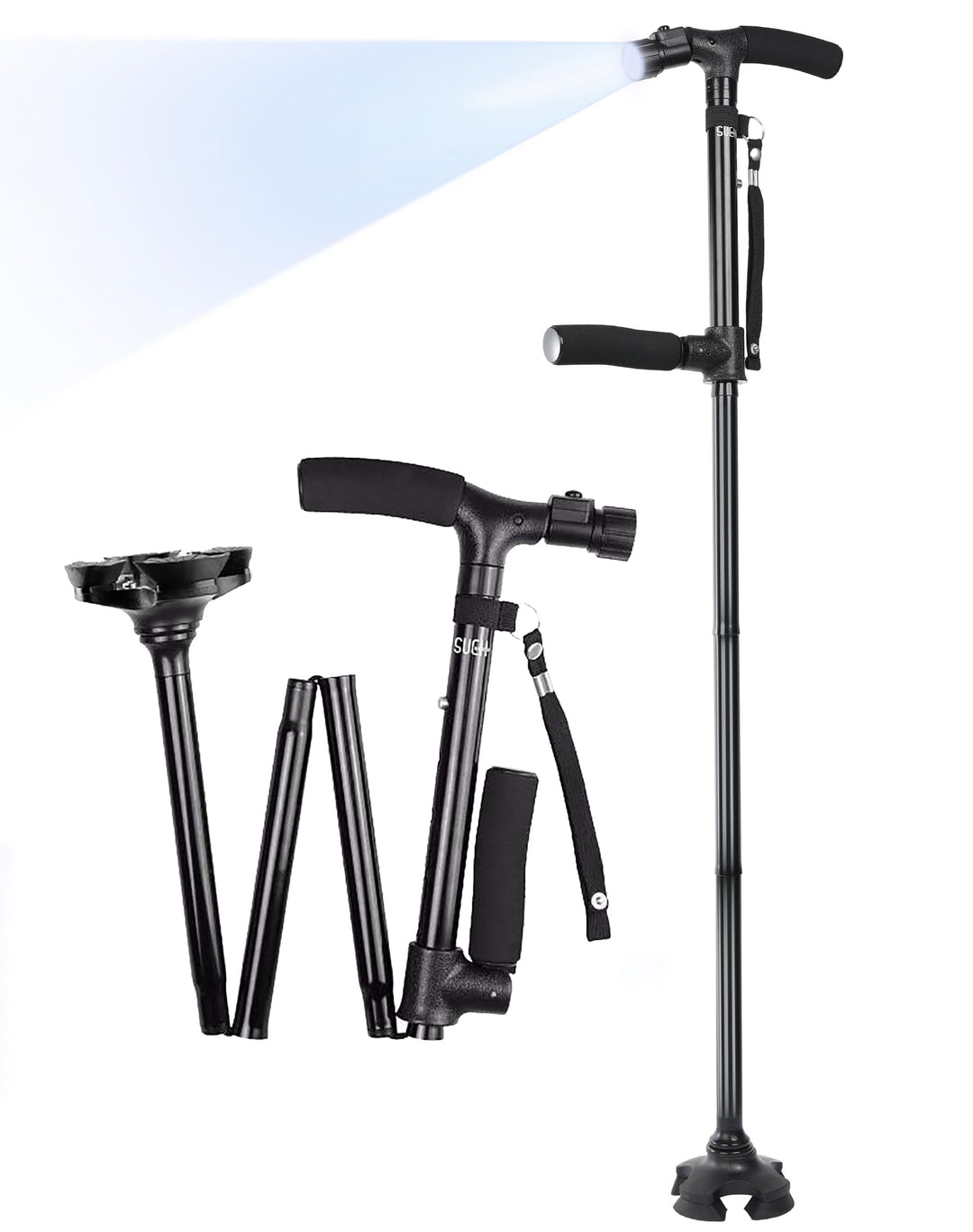Folding Walking Cane with LED Light for Men and Women, 5 Heights Adjustable, Collapsible Elderly Walking Stick with Side Handle, Black