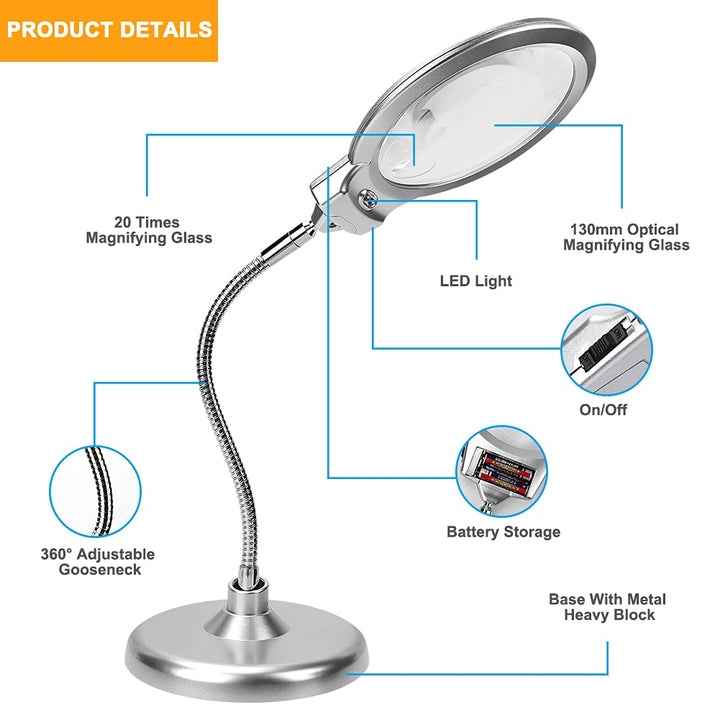 Magnifying Lamp, 10X 5X Desktop Magnifying Glasses with Light and Stand Hands Free Led Magnifying Glass 360° Flexible Magnifier Lamp for Crafts, Reading, Studying,Sewing, Repairing, Hobbies