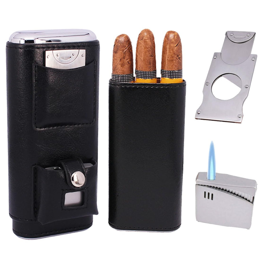 Superior 3 Holder Black Leather Cedar Wood Liner Cigar Case Combo Set with Lighter and Cutter Perfect Completed Gift Kit for Cigar Lovers