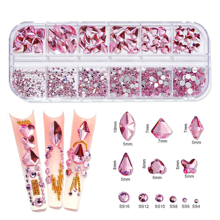 1620pcs Flat Back Rose AB Nail Rhinestones Pink Nail Rhinestones for Nails Round Beads Crystals Glass Gems Stones Multi Shapes Sizes Nail Rhinestones for Nail Face Art Clothes Shoes Bags DIY