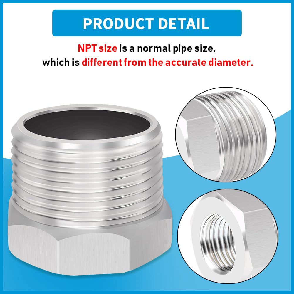 Stainless Steel Reducing Hex Bushing, 1/2 Male NPT to 1/4 Female NPT, Reducer Bushing Pipe Hose Fitting (Pack of 2)
