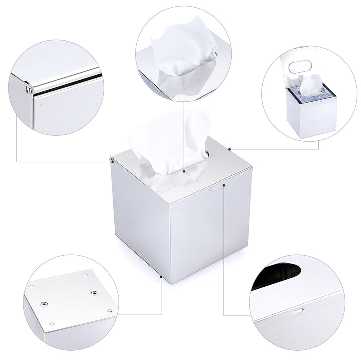Square Stainless Steel Tissue Box Cover - Wall Mounted Stylish Paper Facial Cover, Modern Metal Tissue Box Holder for Bedroom/Bathroom/Vanity/Countertop/Dresser/Night Stand/Office/Car, Polish