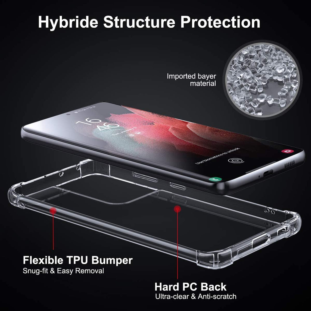 Clear Case for Samsung Galaxy S21 Ultra 5G Hybrid Design Shockproof Bumper Protective Cell Phone Back Cover Hard PC Back + Flexible TPU Raised Bezel with Airbags Corners