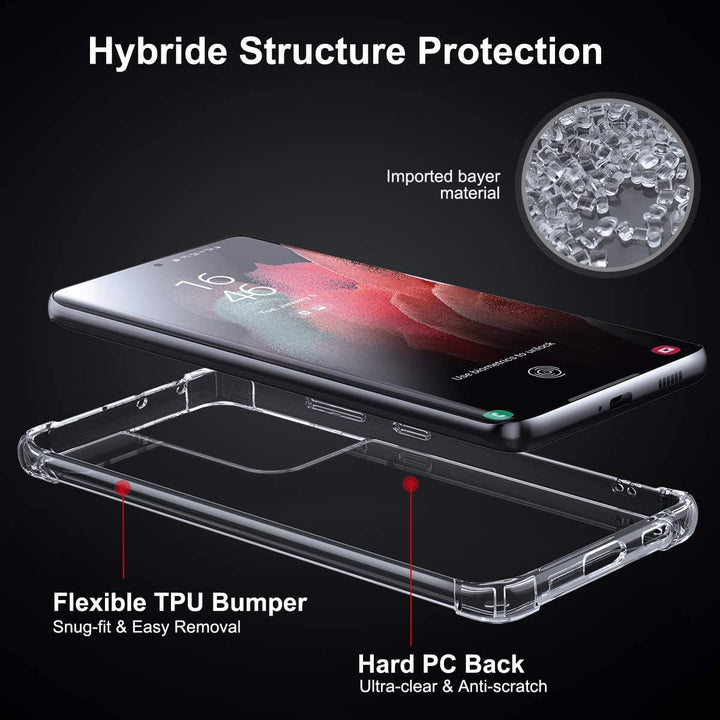 Clear Case for Samsung Galaxy S21 Ultra 5G Hybrid Design Shockproof Bumper Protective Cell Phone Back Cover Hard PC Back + Flexible TPU Raised Bezel with Airbags Corners