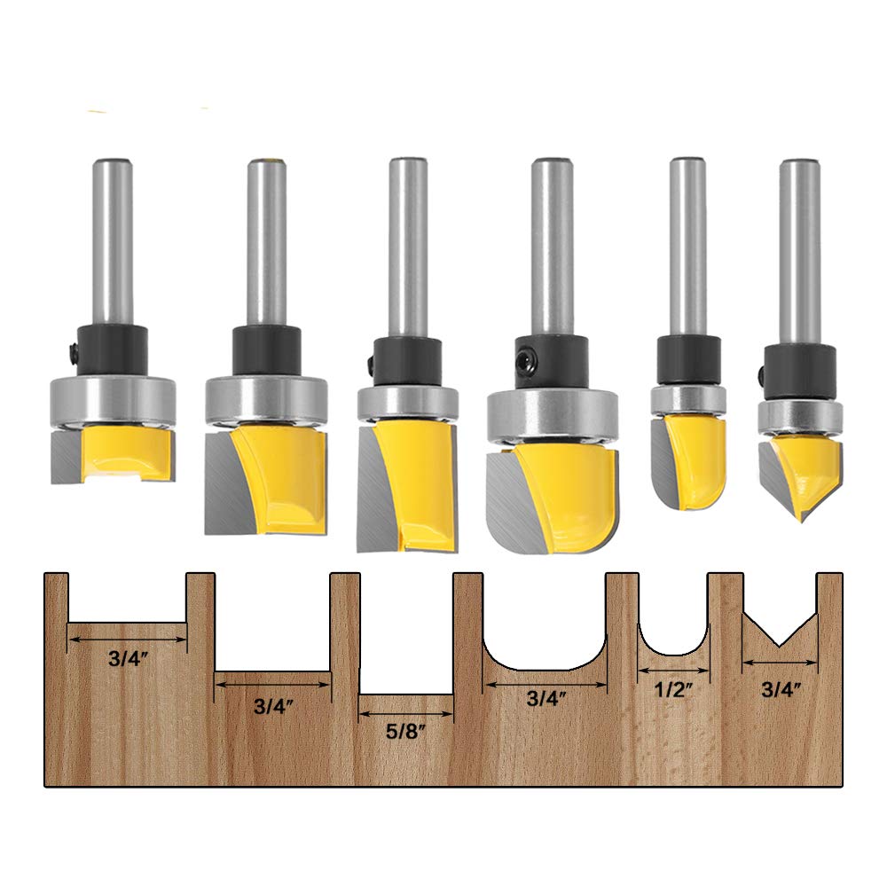 Yakamoz 6Pcs Assorted Edge 1/4 Inch Shank Treatment Grooving Router Bit Set with Bearings Hinge Mortising Flush Trim, Bowl and Tray & V Groove Template Router Bits Cutter Woodworking Tool Kit