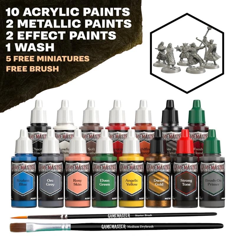 - GameMaster Adventure Starter Paint Set Combo - 15 Fanatic Warpaints 18 ml -10 Acrylic Paints, 2 Effects, 2 Metallic, 1 Wash, 5 Miniature Figures, Starter & Medium Drybrush and Guide