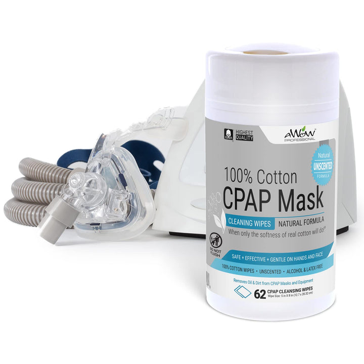AWOW CPAP Wipes for Mask Cleaning - CPAP Accessories for daily CPAP Cleaning, Unscented 100% Cotton, Make CPAP Mask Cleaning easy with Regular CPAP or BiPAP Mask Maintenance, 62 Wipe Canister