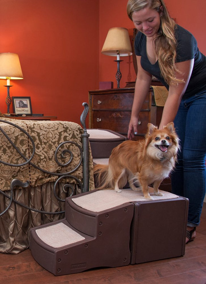 RAW SUGAR Easy Step Bed Stair for Cats/Dogs, Adjusts to Either Side of Bed, Removable Washable Carpet Treads, Storage Compartment, for Pets Up to 75lbs