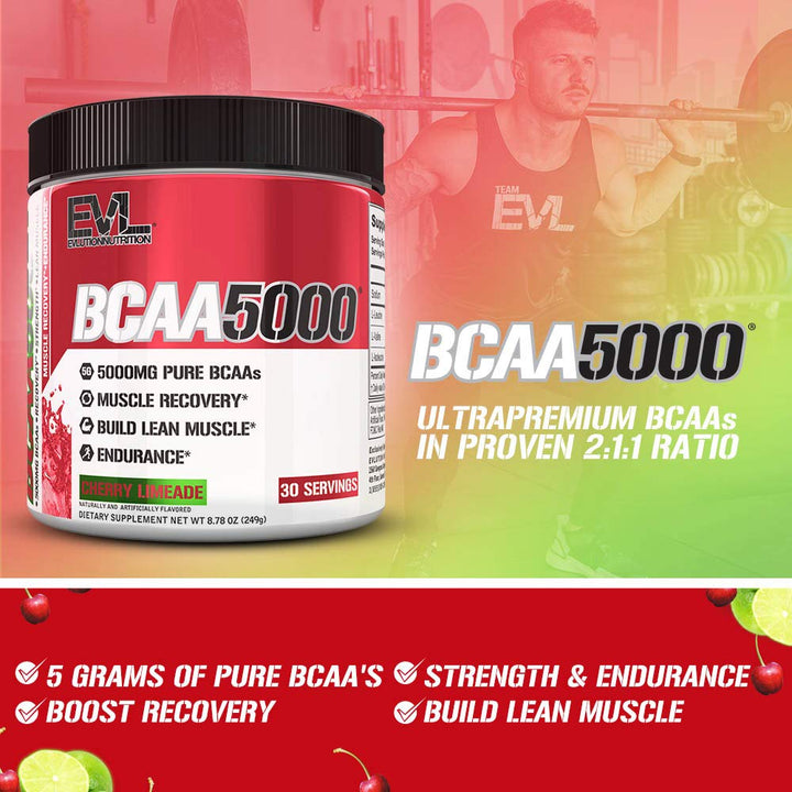 EVL BCAAs Amino Acids Powder - BCAA Powder Post Workout Recovery Drink and Stim Free Pre Workout Energy Drink Powder - 5g Branched Chain Amino Acids Supplement for Men - Cherry Limeade