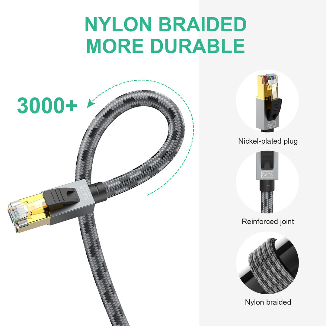150 ft Ethernet Cable, CAT 8 Heavy Duty 26AWG Nylon Braided High Speed Cat8 Network LAN Patch Cord, 40Gbps 2000Mhz SSTP Double Shielded Cat8 Ethernet Cable RJ45 Cable