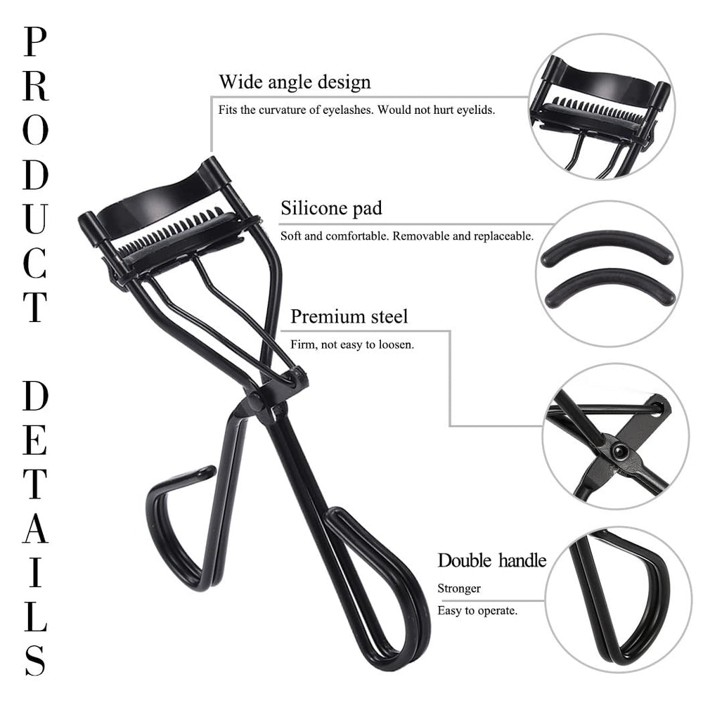 Eyelash Curlers with Built-in Comb Beauty Eyelashes Curlers Eyelash Cliper with 2 Replacement Silicone Refill Pads Premium Lash Curler Makeup Tool for Women and Girls (2 Black-Black Comb)