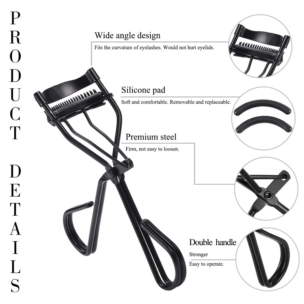 Eyelash Curlers with Built-in Comb Beauty Eyelashes Curlers Eyelash Cliper with 2 Replacement Silicone Refill Pads Premium Lash Curler Makeup Tool for Women and Girls (2 Black-Black Comb)