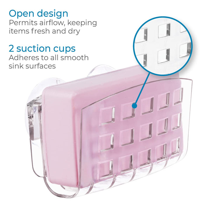 iDesign BPA-Free Plastic Sponge Holder for Kitchen Sink with Suction Cups, Ideal for Kitchen Sinks and Bathroom Organization, 2.3 x 5.2 x 3.7, Clear
