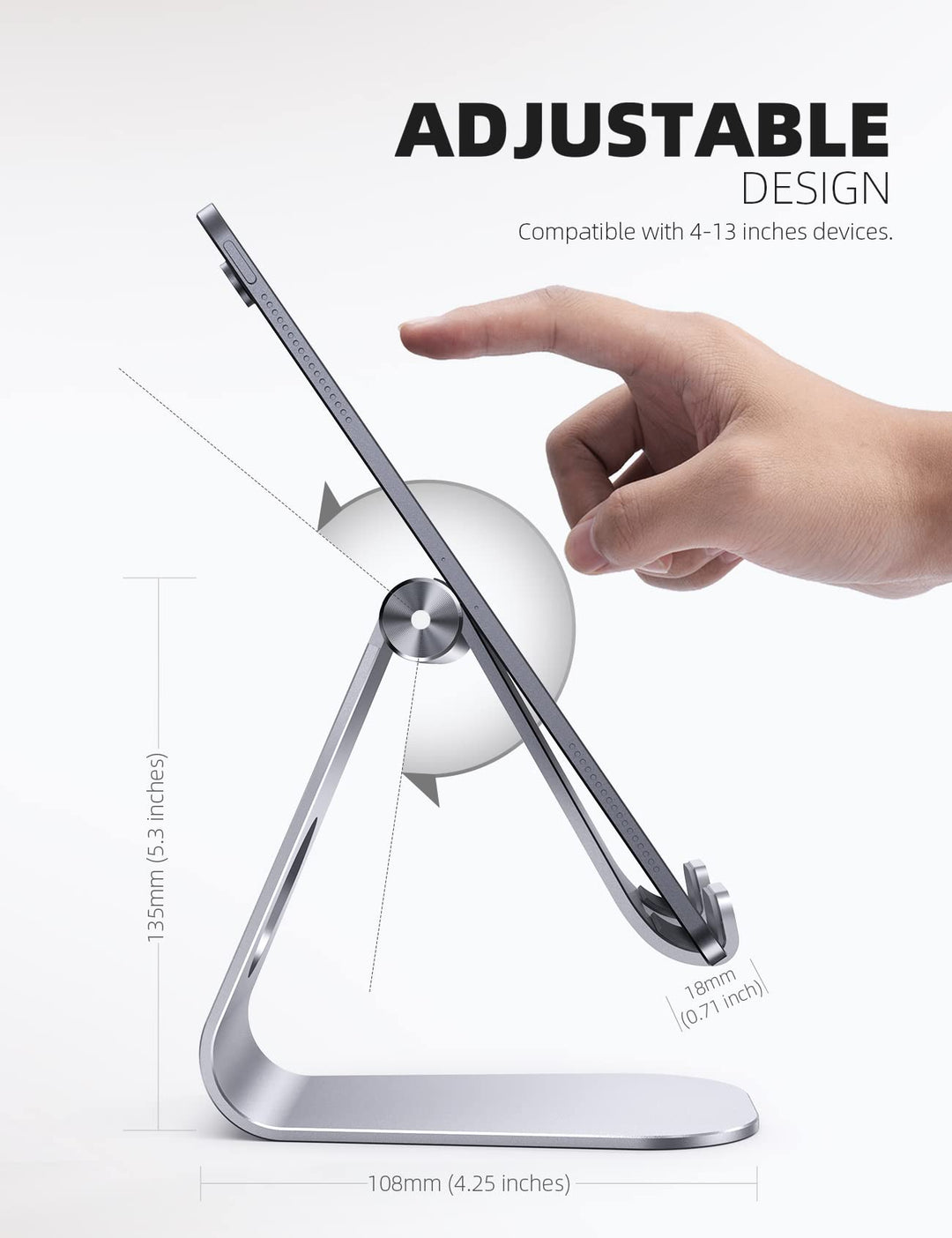 Tablet Stand, Adjustable Tablet Holder - Desktop Stand Dock Holder Compatible with 4-13 Tablet Such as iPad Pro 11, 9.7, 10.5, 12.9 Air Mini 4 3 2, Kindle, Nexus, Tab, Silver