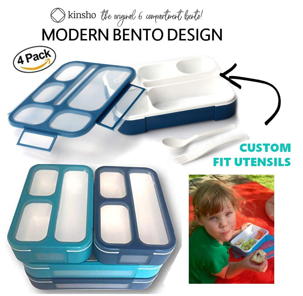 Bento Lunch Box and Snack Container Value Set| Meal Planning Portion Containers For Kids or Adults, School or Work | BPA Free | Microwave Safe | Utensils | 4 pack, Large and Mini, Blue + Navy