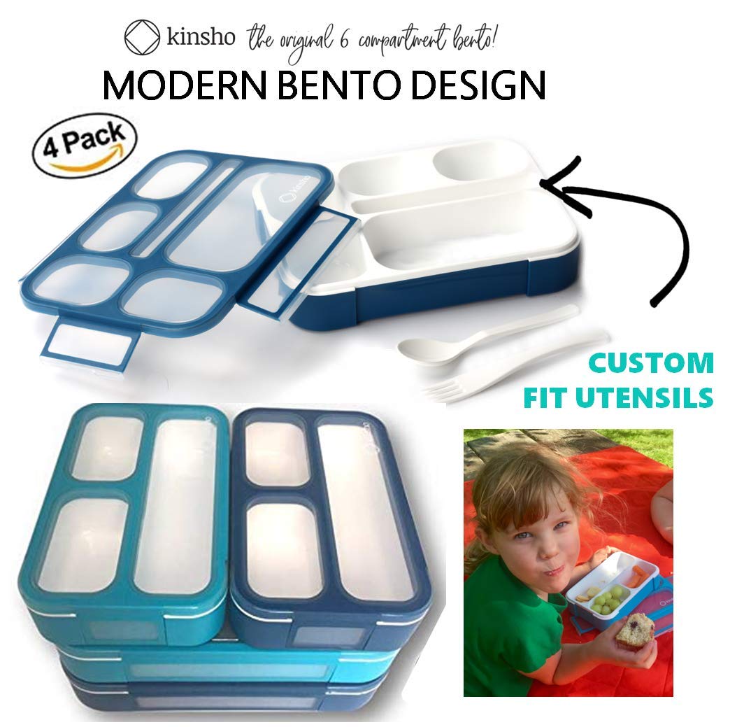 Bento Lunch Box and Snack Container Value Set| Meal Planning Portion Containers For Kids or Adults, School or Work | BPA Free | Microwave Safe | Utensils | 4 pack, Large and Mini, Blue + Navy
