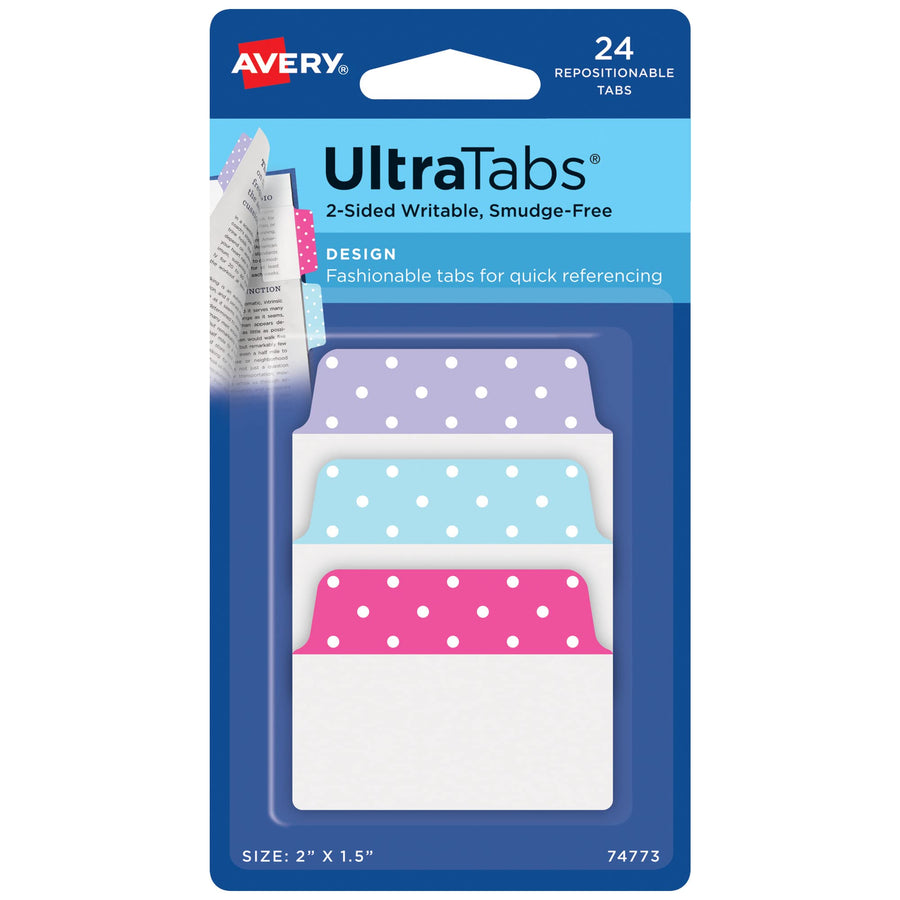 Avery Multiuse Ultra Tabs, 2 x 1.5, 2-Side Writable, Assorted Pastel Dots, 24 Repositionable Tabs (74773)