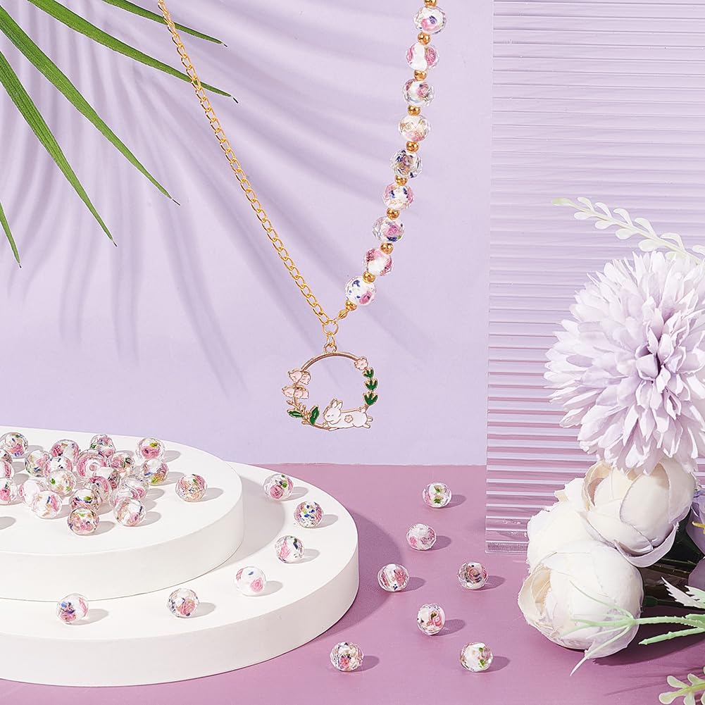 60pcs 9~10mm Rose Lampwork Beads Gold Sand Glass Beads Handmade Flower Glass Beads Round Loose Beads for Rosary Making Jewelry Craft Making with 1.5~2mm Hole - White