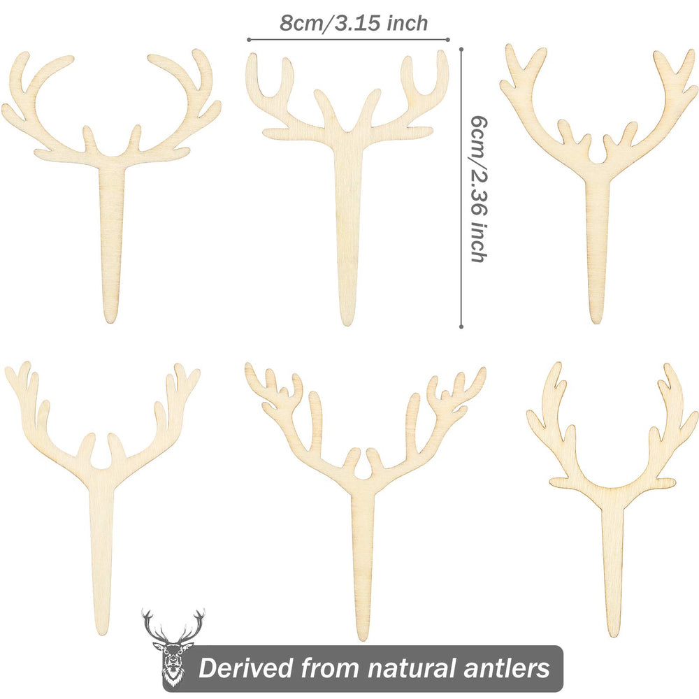 30 Pieces Antler Cupcake Toppers Wooden Reindeer Cake Topper Christmas Deer Cake Picks for Baby Shower Wedding Hunting Rustic Birthday Party Favors, 6 Styles