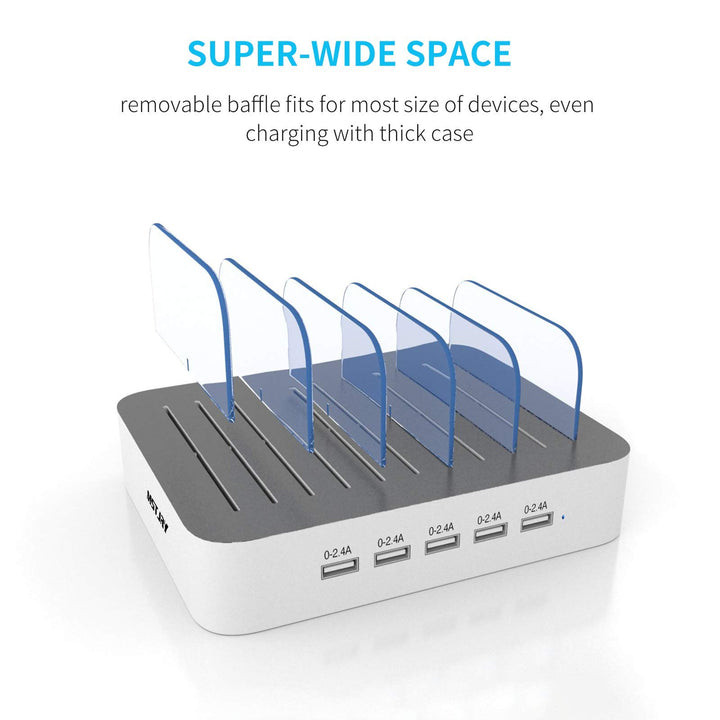 Charging Station for Multiple Devices, 5 Port Multi USB-A Charger Station with Power Switch Designed for iPhone iPad Cell Phone Tablets (White, 6 Mixed Short Cables Included)