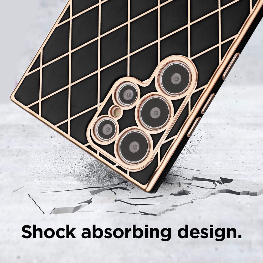 Compatible with Galaxy S22 Ultra Case,Luxury Plating Lattice Design with Slim Soft Back TPU Bumper,Camera Lens Protection Phone Case Cover for Samsung Galaxy S22 Ultra-Black