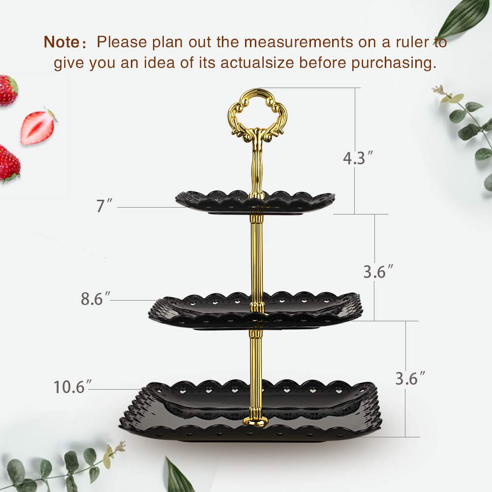 Black Square-Large 3 Tiered Serving Stand Tray Cake Stands Cupcake Holder Dessert Stand Table Decorations for Party Kids Birthday Tea Party Baby Shower