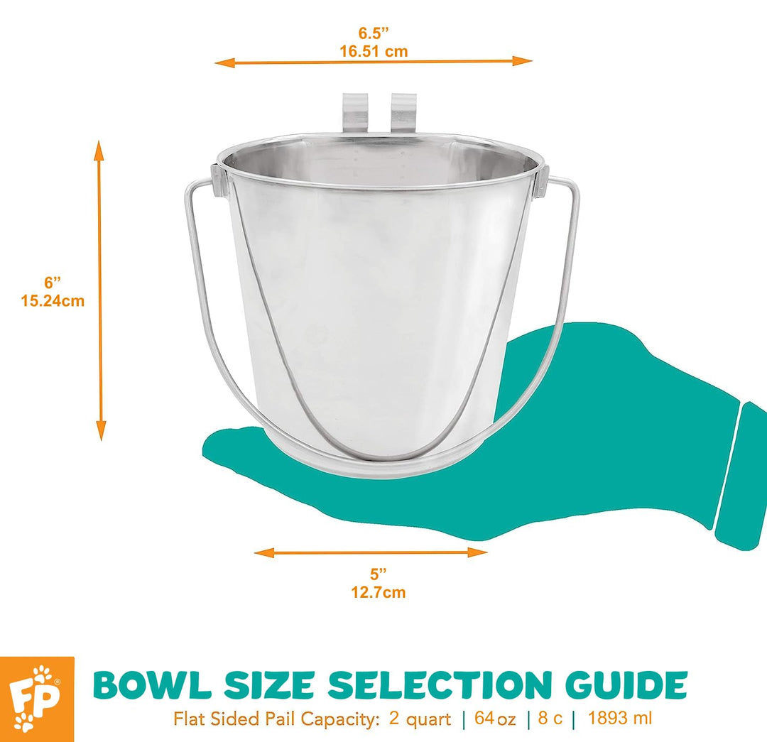 Fuzzy Puppy Flat Sided Pail with Dual Hooks, Snugly Fit On Dog, Cat and Critter Crates & Cages, Heavy Duty Stainless Steel | 2 Quart (PN: FSP-2)