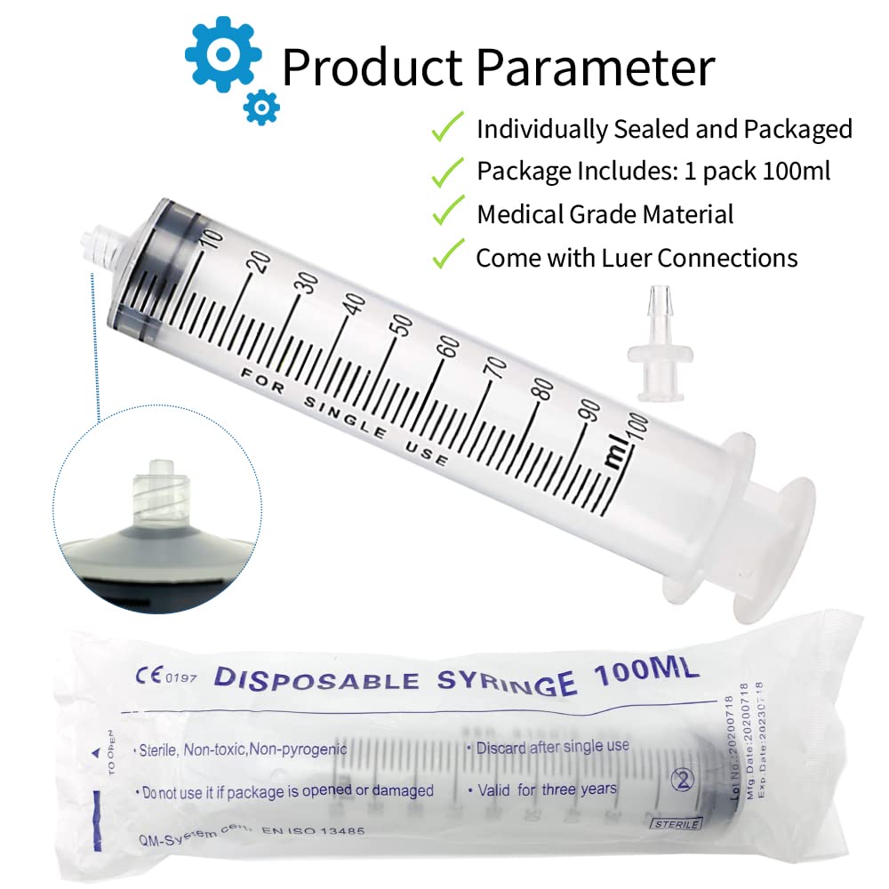 Large Syringe with Tube, 100ml Plastic Oil Syringe with 3.2ft Handy Plastic Tubing,14ga Blunt Tip Needles, Luer Connector, for Scientific Labs, Measuring, Watering, Refilling, Filtration, Feeding, Oil