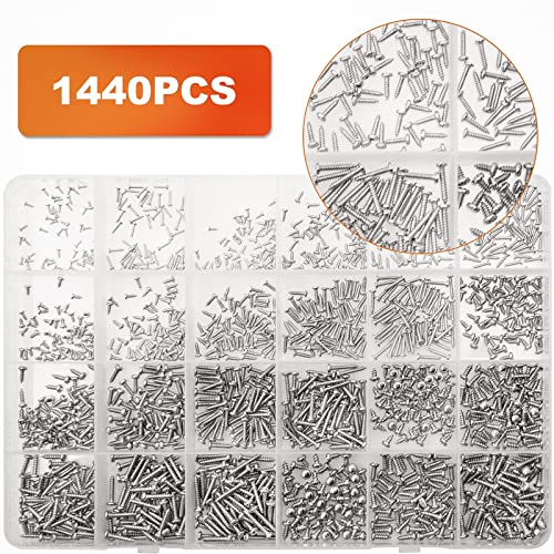 1440Pcs Mini Screws Small Self Tapping Screws,Phillip Pan Head Micro Screws, Tiny Electronic Screws,M1 M1.2 M1.4 M1.7 M2 M2.3 Silver Screws 24 Size Assortment Screw kit