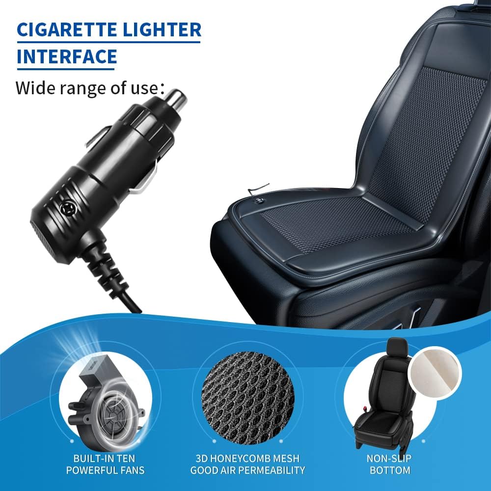 Cooling Car Seat Cushion- 10Fans & 3 Adjustable Temperature 12V System- 15s Cool Down Fast for Summer Driving- Breathable Seat Cover with Air Conditioning System- 1 Pack (Black)
