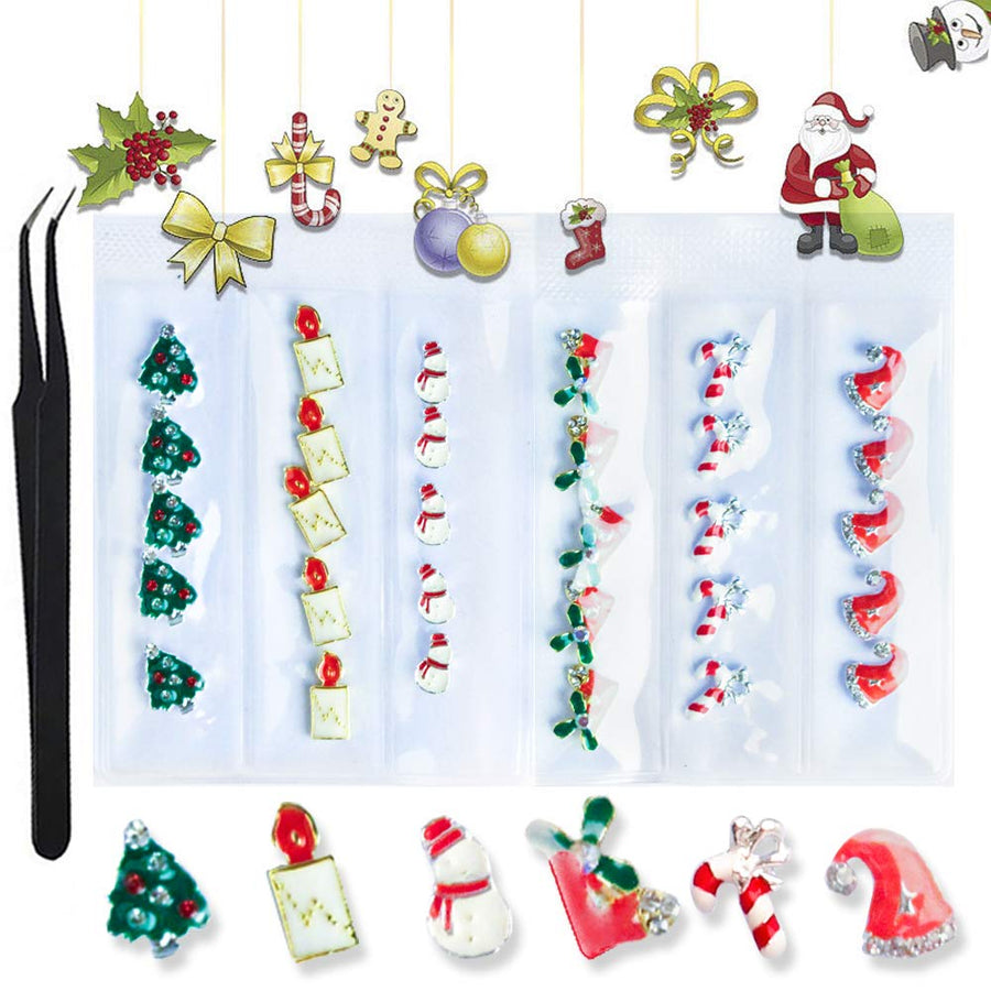 30Pcs 3D Metal Nail Art Alloy Studs And Rhinestone Set 3D Christmas Hat Nail Charm Holiday Pack Nail Rivets Kit Manicure Jewelry Decoration