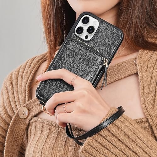 for iPhone 13 Pro Max Crossbody Wallet Case, Card Holder Phone Case for Women, Zipper Leather Purse with Wrist Strap, RFID Blocking Cover for iPhone 13 Pro Max (6.7 inch, 2021)- Black