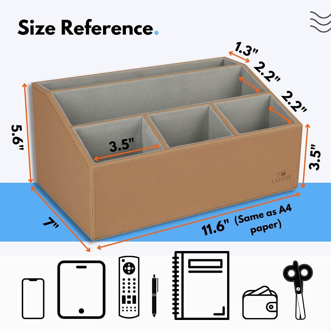 Leather Desk Organizer with a 4 Coaster, Large Capacity 5 Compartments Desktop Unifier, Handcrafted (Black)
