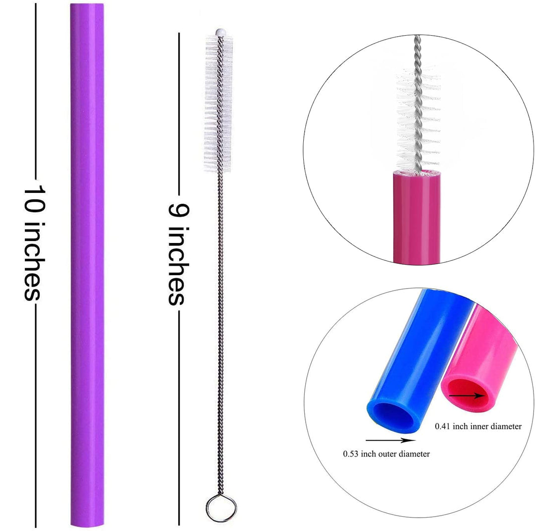 Reusable Boba Smoothie Straws, 10” Long Extra Wide Fat Silicone Straws for Drinking Bubble Tea, Set of 6 with Cleaning Brush