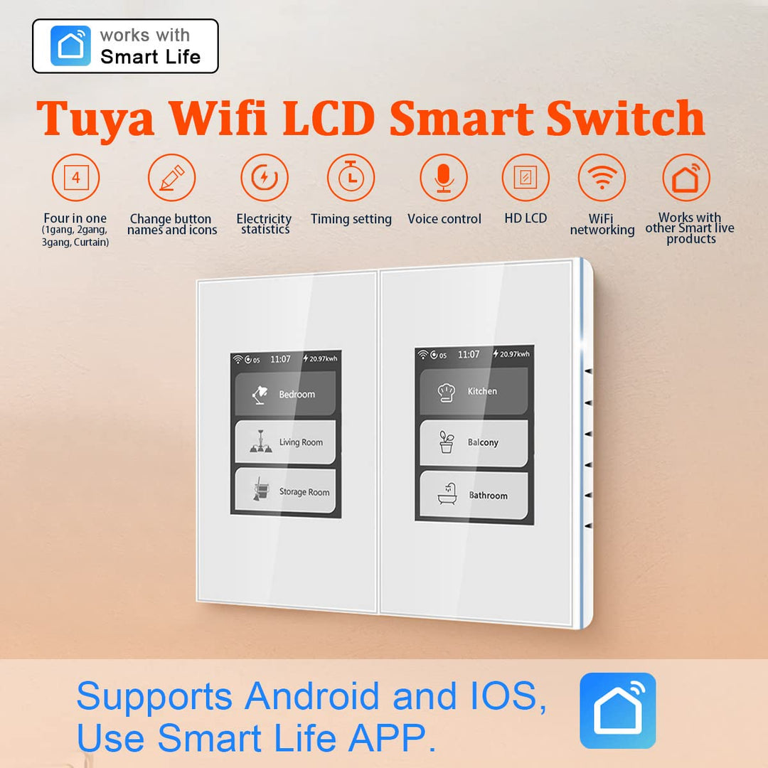 Tuya Smart Life LCD Smart Light Switch, Curtain/1/2/3 Gang 4-Models-in-1 WiFi Touch Smart Switch Supports Alexa & Google Home & Home Assistant, Needs Neutral Wire, No Hub Needed,White