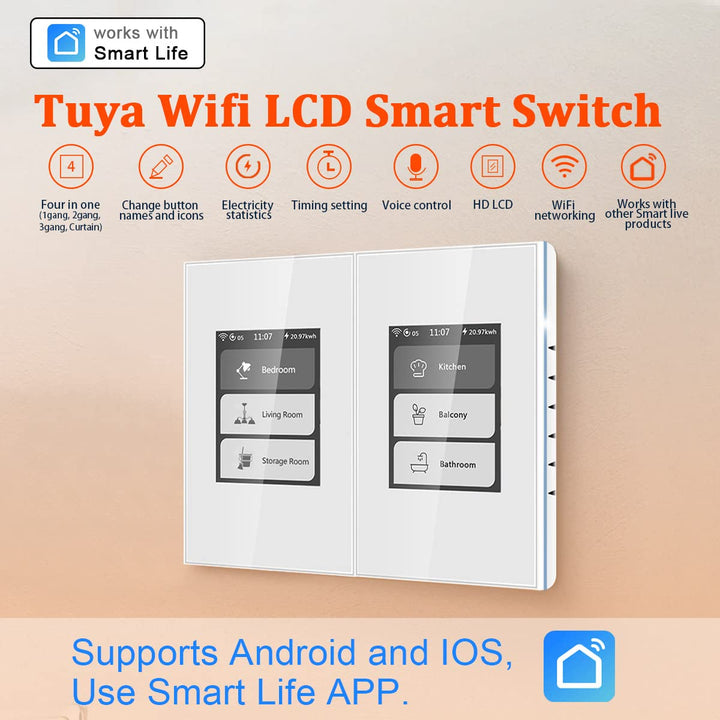 Tuya Smart Life LCD Smart Light Switch, Curtain/1/2/3 Gang 4-Models-in-1 WiFi Touch Smart Switch Supports Alexa & Google Home & Home Assistant, Needs Neutral Wire, No Hub Needed,White